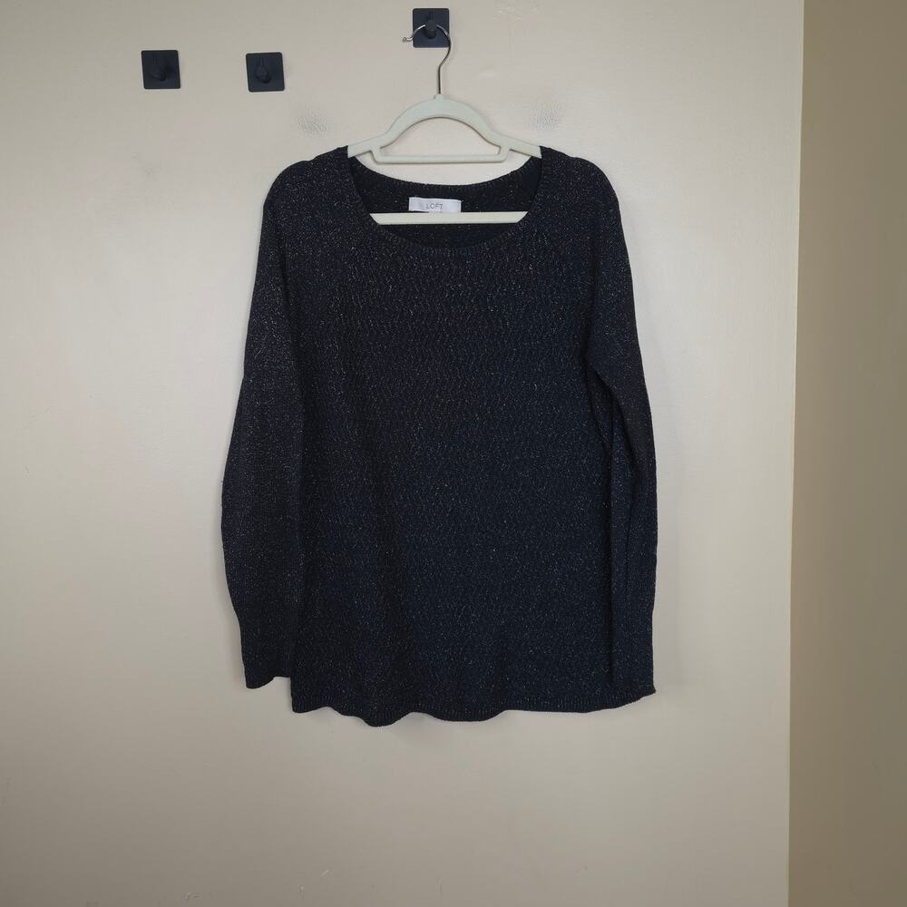 LOFT Ann Taylor Scoop Neck Textured Sweater with Silver Metallic in Black Size L